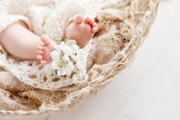 Νεογέννητο Μωρό Πόδια Στο Πλεκτό Ριχτάρι Κοντινό Πλάνο Εικόνα Αντίγραφο — Φωτογραφία Αρχείου