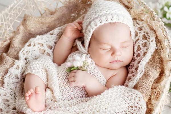 Dolce Neonato Dorme Cesto Bellissimo Neonato Con Fiori — Foto Stock