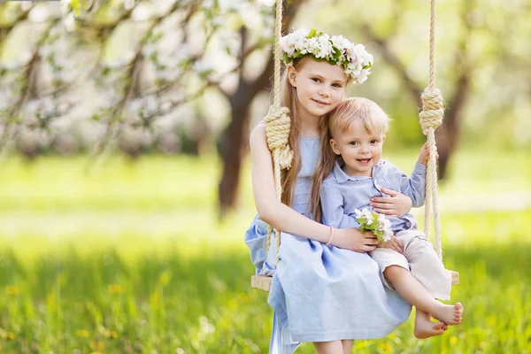 Menina Bonito Menino Divertindo Balanço Jardim Árvore Maçã Velho Florescendo — Fotografia de Stock