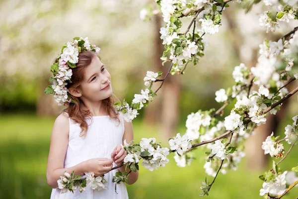 Menina bonita em vestido branco no jardim com florescimento — Fotografia de Stock