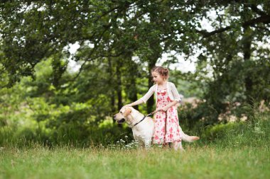 Onu köpek labrador yaz natu bir yürüyüş ile mutlu küçük kız