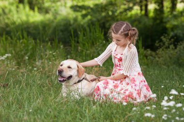 Sevimli gülümseyen küçük kız yaz parkta Labrador sarılma