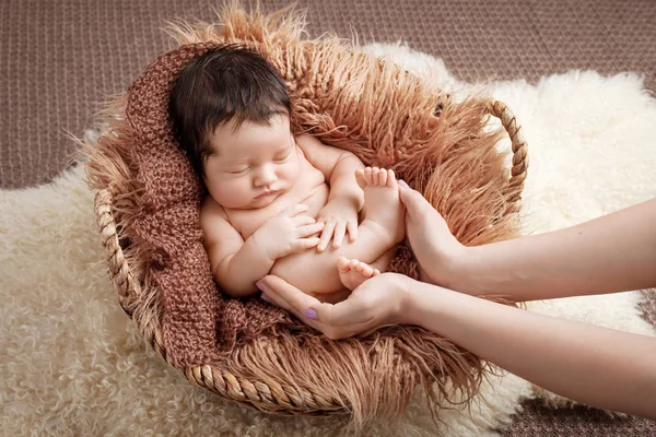 Сладкий младенец спит в корзине. Новорожденный ребенок в матери Хань — стоковое фото