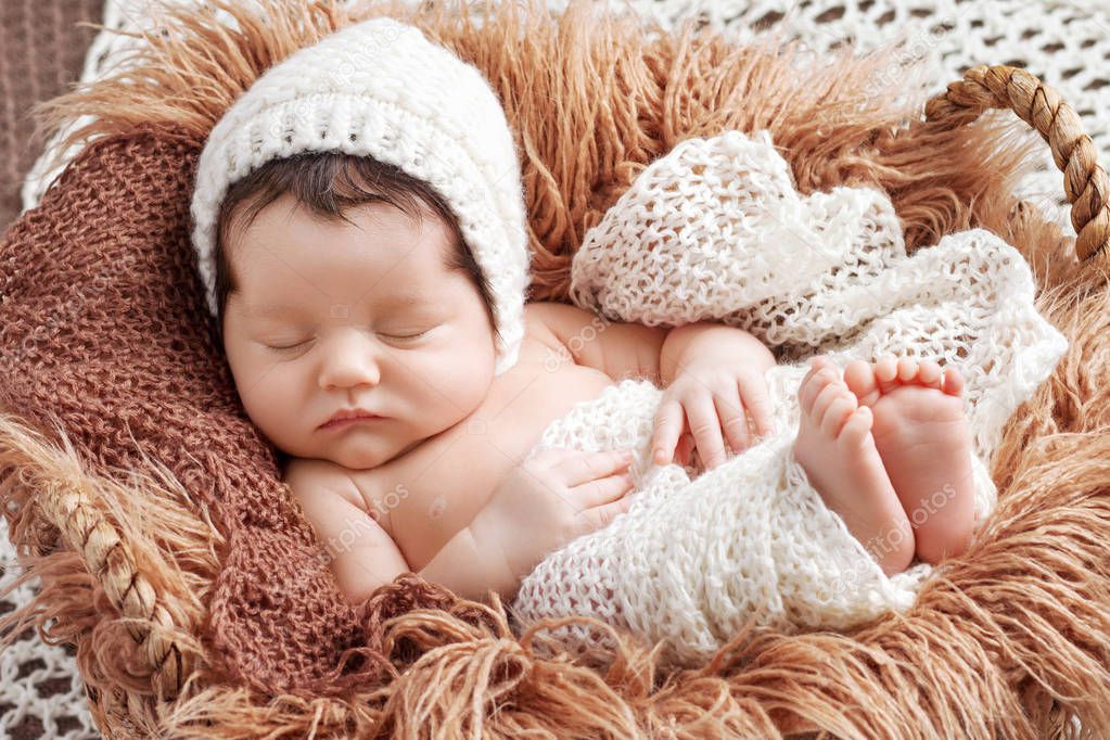 Beautiful little newborn baby 2 weeks sleeping in a basket with 