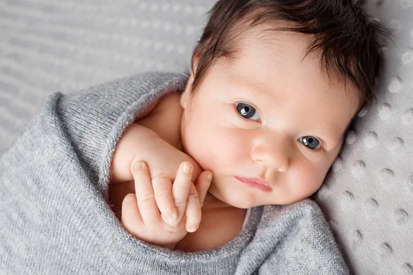 Dikkatle bakıyor tatlı bebek. Yeni doğan çocuk 2 hafta eski