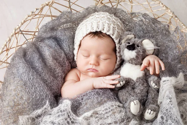 Sweet newborn baby sleeps in a basket. Beautiful newborn boy wit — Stock Photo, Image