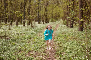 Bir park veya ormandaki tek başına bir yürüyüş alarak küçük kız. Şirin 