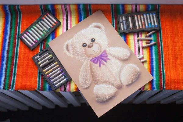 Hand drawing teddy bear with pastel