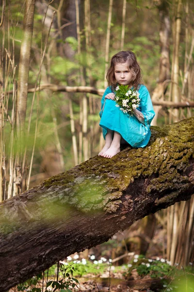 Piękna mała dziewczynka w niebieskiej sukience, chodzenie w drewno wiosna — Zdjęcie stockowe