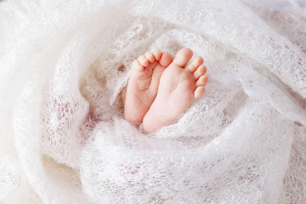 Closeup picture of newborn baby feet on white knitted plaid. Fin — Stock Photo, Image