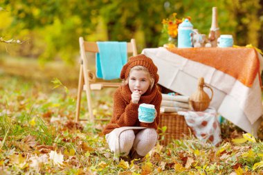 Sonbahar parkında piknikte sevimli küçük kız. Sevimli küçük kız 