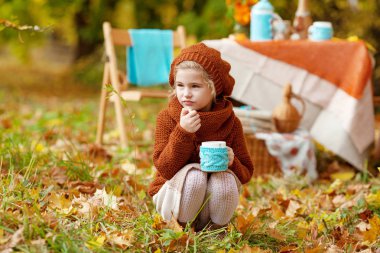 Sonbahar parkında piknikte sevimli küçük kız. Sevimli küçük kız 