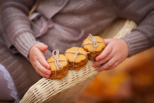 Bambino che tiene biscotti di zenzero in mano. Foto da vicino di delic — Foto Stock