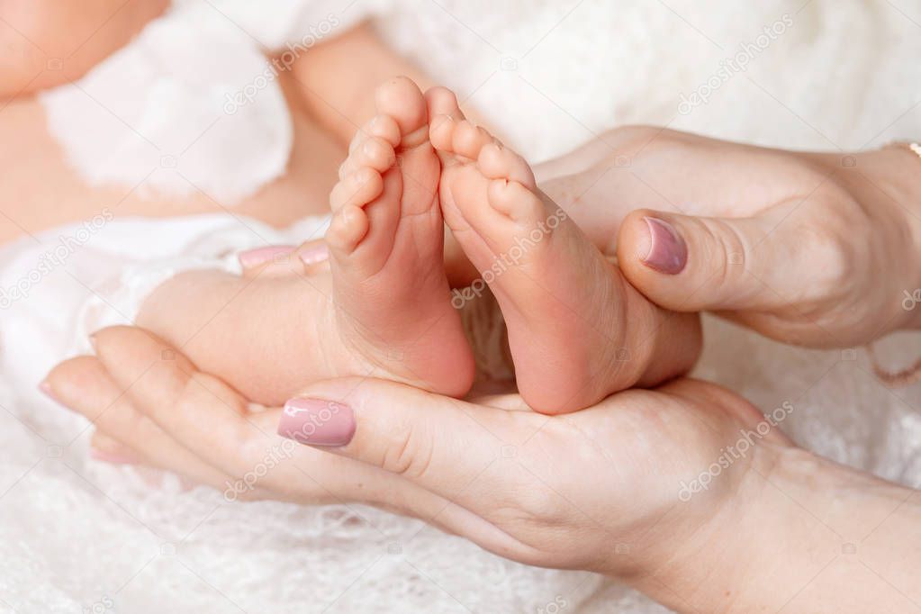 Happy family concept. Newborn baby feet in mother hands in white