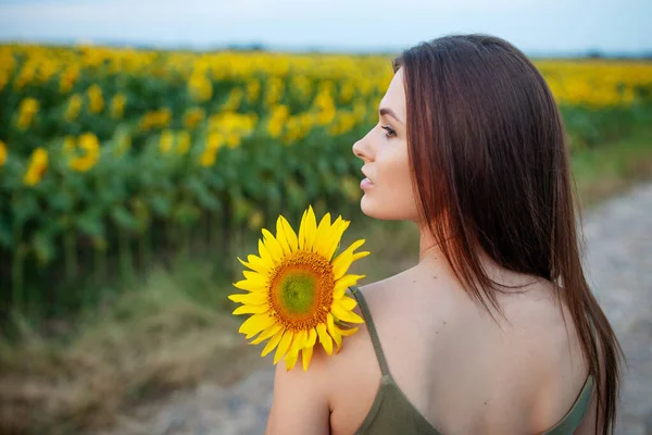 Piękno Radosna Dziewczyna Słonecznikiem Korzystających Natury Polu Słoneczników Zachodzie Słońca — Zdjęcie stockowe