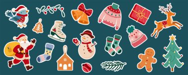 Noel Baba, ren geyiği, kardan adam, hediye kutusu, ağaç, eldiven, kazak, çorap, şapka, çan, zencefilli ekmek, kuş, süs. Kış vektör illüstrasyonu