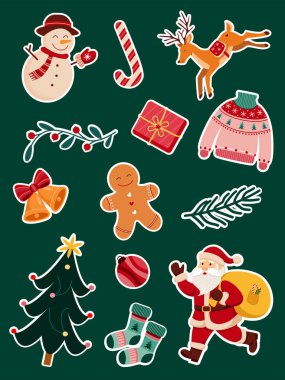 Noel Baba, ren geyiği, Noel ağacı, kardan adam, zencefilli kurabiye, hediye, yay, çan, oyuncak, süs. Kış mevsimi vektör tasarımı