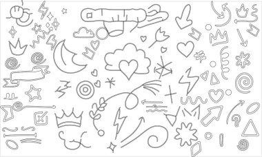 El çizimi karalama şekilleri çizim seti. El çizimi çocuksu komik basit vektör çizimleri