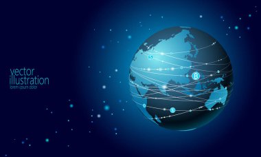 Gezegen toprak cryptocurrency bitcoin işareti. Online Internet ağ iletişim araştırma. Uluslararası küresel finans sistemi. Asya kıta Çin Hindistan Japonya düz çizgi film vektör çizim