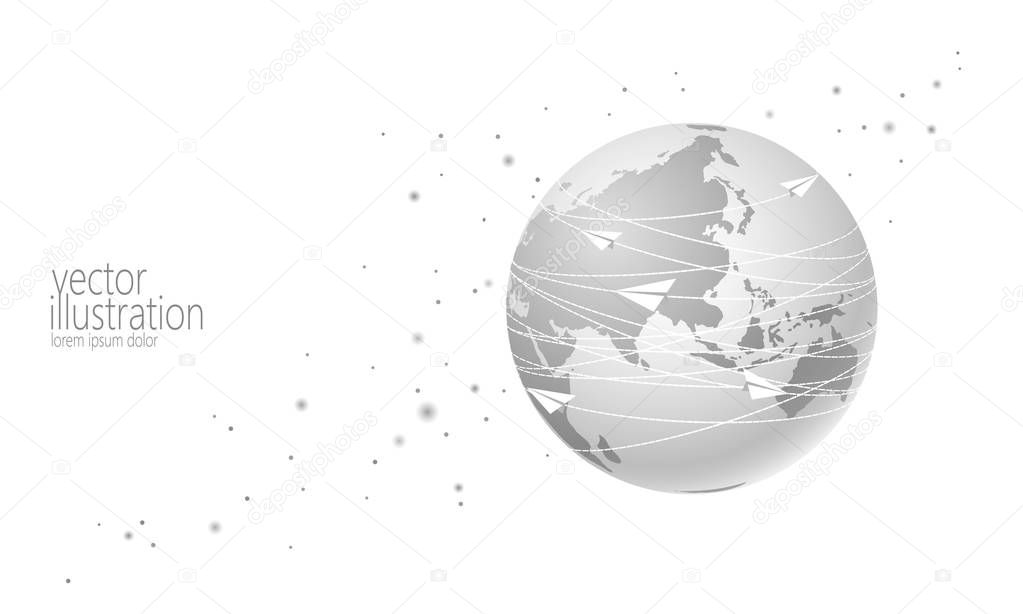 Planet Earth with paper plane messaging letters. Online internet network communication mail. International global connection. Asia continent China India Japan flat cartoon vector illustration