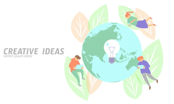 Persone che incontrano il concetto di business idea creativa. Uomo volare pianeta Terra salvare ecologia foglia gadget tablet lampadina lampada simbolo di lavoro progetto di crescita. Illustrazione vettoriale a colori piatto — Vettoriale Stock