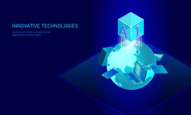 Isometric artificial intelligence business concept. Blue glowing isometric personal information data connection planet Earth future technology. 3D infographic vector illustration clipart