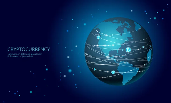 Planeta Tierra criptomoneda bitcoin signo. Minería en línea de la comunicación de Internet. Sistema financiero internacional global. América mapa del mundo EE.UU. Canadá México Brasil dibujo animado plano vector ilustración — Archivo Imágenes Vectoriales