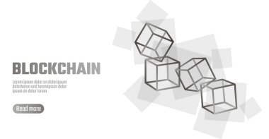Blockchain küp zinciri sembolü kare kod büyük veri akışı bilgilerini. Gri beyaz tarafsız tanıtım stili. Cryptocurrency finans bitcoin iş kavramı vektör çizim arka plan şablonu