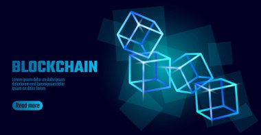 Blockchain küp zinciri sembolü kare kod büyük veri akışı bilgilerini. Mavi neon parlayan modern eğilim. Cryptocurrency finans bitcoin iş kavramı vektör çizim arka plan şablonu