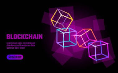Blockchain küp zinciri sembolü kare kod büyük veri akışı bilgilerini. Pembe neon parlayan modern eğilim. Cryptocurrency finans bitcoin iş kavramı vektör çizim arka plan şablonu
