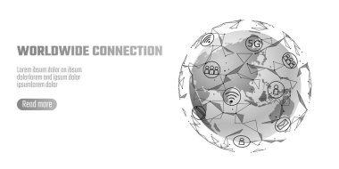 Genel ağ bağlantısı. Dünya harita Asya kıta noktası dünya çapında bilgi teknolojisi dat Satım iş kolu. Planet Earth boşluk düşük poli poligonal render vektör çizim