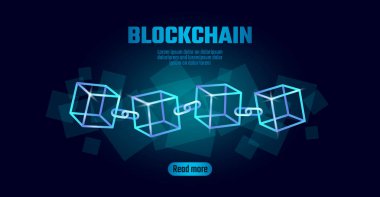 Blockchain küp zinciri sembolü kare kod büyük veri akışı bilgilerini. Mavi neon parlayan modern eğilim. Cryptocurrency finans bitcoin iş kavramı vektör çizim arka plan şablonu