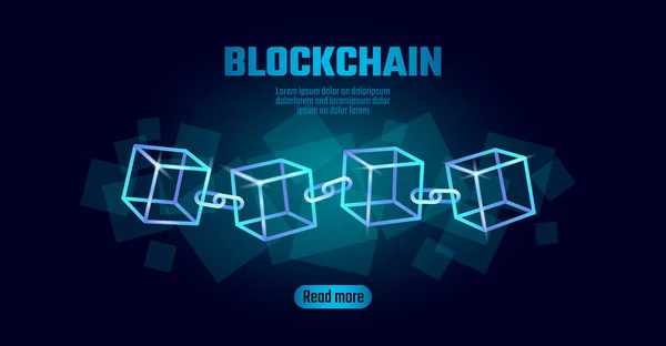 正方形コード大きなデータ フロー情報の Blockchain キューブ チェーン記号です。青いネオン輝く現代傾向。Cryptocurrency 金融 bitcoin ビジネス概念ベクトル イラスト背景テンプレート — ストックベクタ