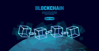 Blockchain küp zinciri sembolü kare kod büyük veri akışı bilgilerini. Gezegen dünya küre parlayan mavi neon. Cryptocurrency finans bitcoin iş kavramı vektör çizim arka plan şablonu