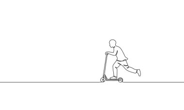 Tek sürekli bir satır sanat çocuk sürme scooter. Çocuklar spor etkinlik hobi tatil okul eğlence eğlenceli kavram çocukluk açık tasarım kroki Anahat vektör çizim çizim