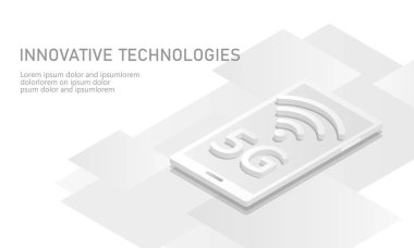 5g yeni kablosuz internet wifi bağlantısı. Akıllı telefon mobil cihaz izometrik beyaz 3d düz. Teknoloji vektör çizim küresel ağ yüksek hızlı yenilik bağlantı veri oranı
