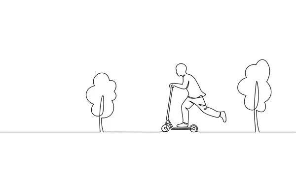 Una sola línea continua de arte niño montar scooter. Niños deporte actividad hobby vacaciones escuela recreación divertido concepto infancia parque al aire libre árboles diseño bosquejo esquema dibujo vector ilustración — Vector de stock