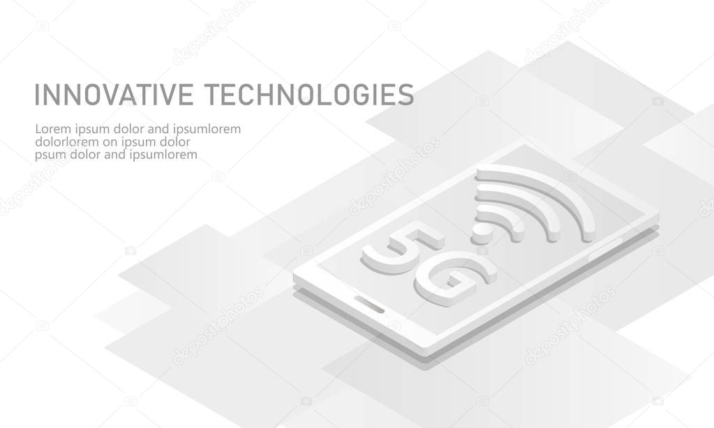 5G new wireless internet wifi connection. Smartphone mobile device isometric white 3d flat. Global network high speed innovation connection data rate technology vector illustration