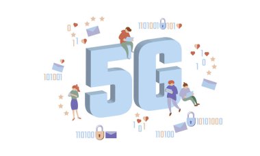 5g yeni kablosuz internet wifi bağlantısı. Küçük insanların büyük büyük sembolü harfler. Becerikli alet aygıt izometrik mavi 3d düz. Teknoloji vektör çizim küresel ağ yüksek hızlı yenilik veri oranı