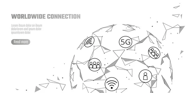 Conexão de rede global Internet 5G alta velocidade. Linha de ponto mundial negócio de troca de dados de tecnologia da informação mundial. Planeta Terra espaço baixo poli poligonal renderizar vetor Ilustração — Vetor de Stock