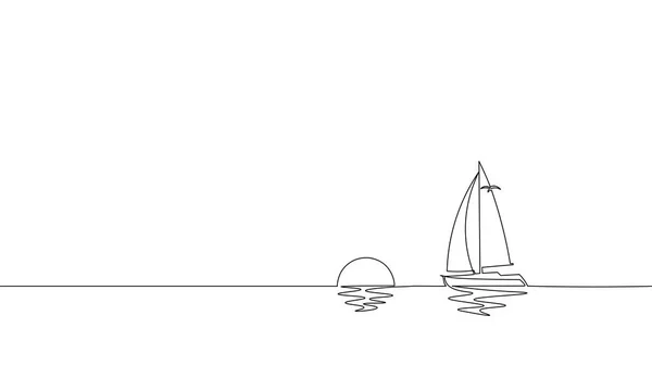 Una sola línea continua arte sol océano viajes vacaciones. Sea voyage sunrise holiday tropical island ship yacht luxury journey sunset concept design bosquejo esquema dibujo vector ilustración — Vector de stock