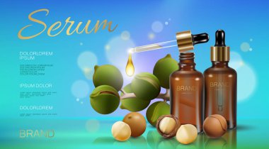 Gerçekçi 3d macadamia fındık yağı kozmetik reklam şablonunun. Hafif mavi güneşli gökyüzü şeffaf cam özü şişe pipet serum yüz saç bakımı render. Posteri şablon damlacık vektör çizim