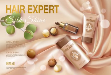 Gerçekçi 3d macadamia fındık yağı kozmetik reklam şablonunun. Işık altın ipek kumaş saç şampuan saç kremi serum şeffaf cam güzellik bakımı. Posteri şablon üstten görünüm vektör çizim