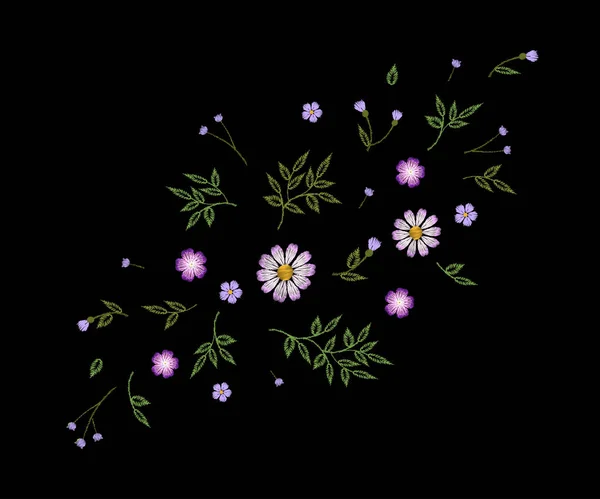 Kis területen virág reális hímzés. Vadon élő gyógynövények daisy textil nyomtatás dekoráció fekete divat hagyományos vektoros illusztráció vintage design sablon. Kamilla növény virágos ditsy dísz — Stock Vector