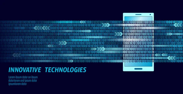 E-bok mobil smartphone 3d virtuell verklighet visuell fantasi sinne effekt. Stordata binär kod flöde nummer. Kreativ e-learning Läsning elektroniska touch skärmen blå media vektor illustration — Stock vektor