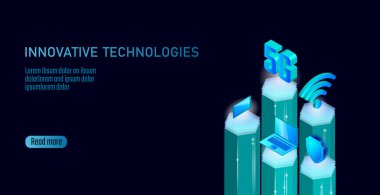 5g yeni kablosuz internet wifi bağlantısı. Akıllı telefon mobil cihaz izometrik mavi 3d düz. Teknoloji vektör çizim küresel ağ yüksek hızlı yenilik bağlantı veri oranı