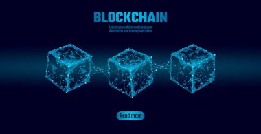 Blockchain küp zinciri sembolü kare kod büyük veri akışı bilgilerini. Mavi neon parlayan modern eğilim. Cryptocurrency finans bitcoin iş kavramı vektör çizim arka plan şablonu