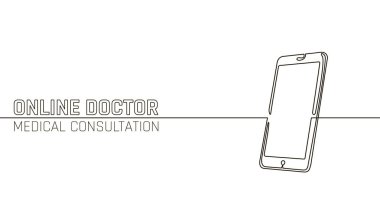 Doktor online tıbbi uygulaması mobil uygulamalar. Dijital Sağlık Tıp Tanı kavramı afiş. İnsan smartphone bir satır sürekli kroki doodle teknoloji vektör çizim çizim