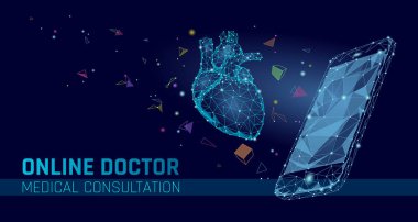 Doktor online tıbbi uygulaması mobil uygulamalar. Dijital heathcare Tıp Tanı kavramı afiş. İnsan kalbi smartphone düşük poli geometrik yenilik teknoloji vektör çizim