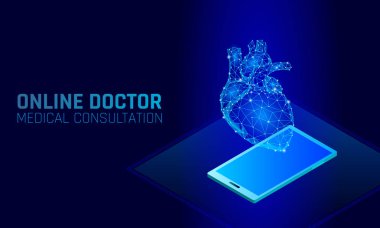 Doktor online tıbbi uygulaması mobil uygulamalar. Dijital heathcare Tıp Tanı kavramı afiş. İnsan kalbi smartphone düşük poli geometrik yenilik teknoloji vektör çizim
